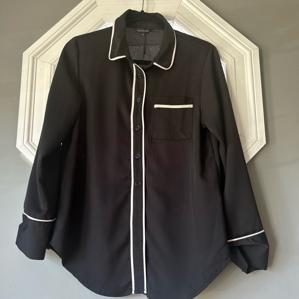 Black Pajama Style Button Up with White Piping Detail
